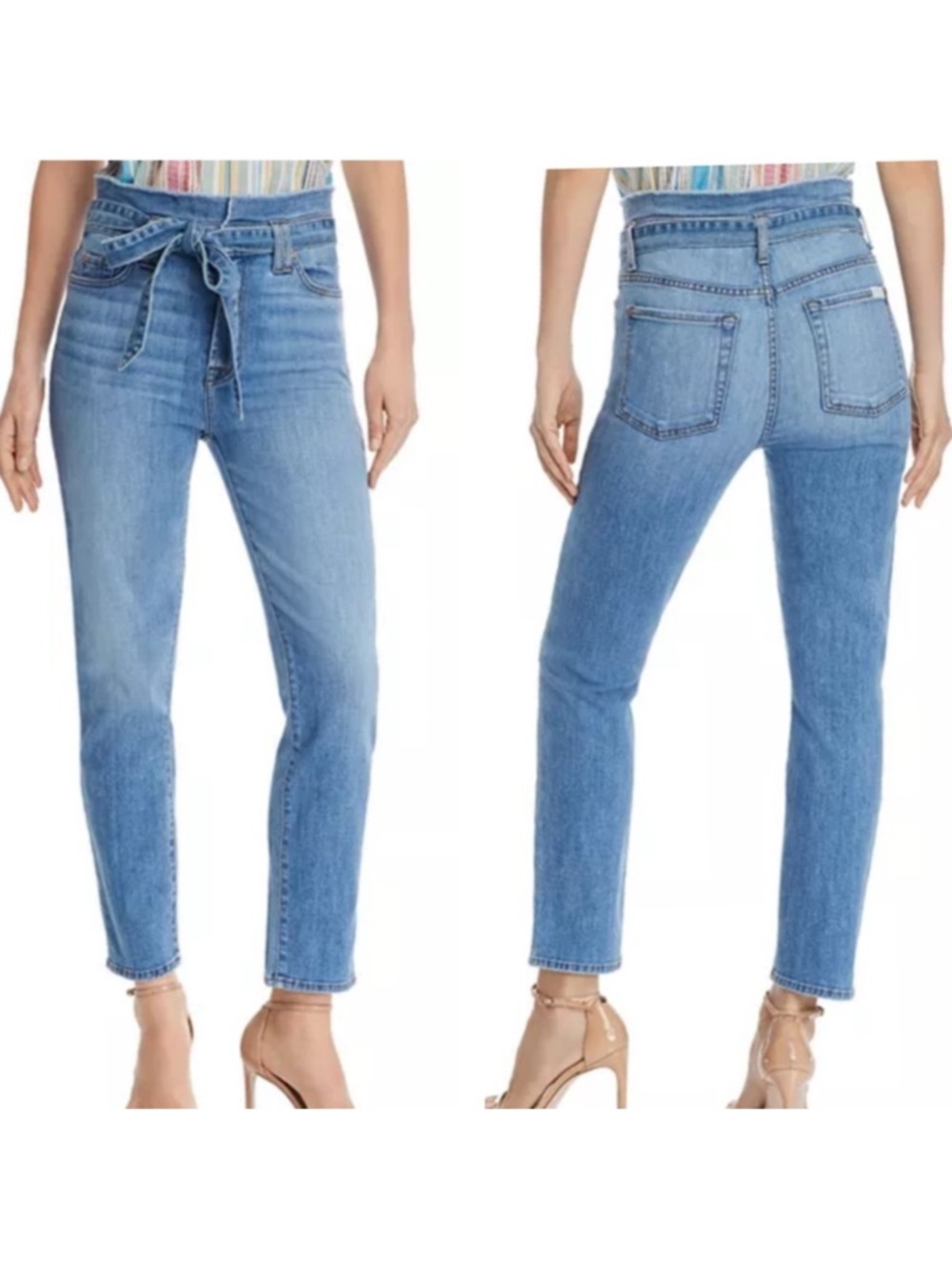 7 For All Mankind Roxanne Paper-Bag-Waist Skinny Jeans in Bright Bluejay Size 30